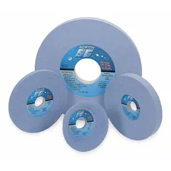 Type 1 straight grinding wheel, 8" diameter, 1/2" thickness, 1-1/4" arbor hole, with 5SG60-KVS grain and K hardness. Suitable for surface grinding, weld removal, and deburring on all metals. Pack of 5.