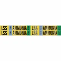 Ammonia adhesive pipe marker for VAP phase, low pressure level. Fits pipe outer diameter 3/4 to 2-3/8 inches. Pack of 4 markers without arrows, labeled with IIAR system abbreviation LSS. Used to identify ammonia piping in industrial refrigeration systems