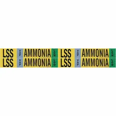 Ammonia adhesive pipe marker for VAP phase, low pressure level. Fits pipe outer diameter 3/4 to 2-3/8 inches. Pack of 4 markers without arrows, labeled with IIAR system abbreviation LSS. Used to identify ammonia piping in industrial refrigeration systems.