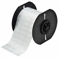 Precut label roll measuring 1 in x 1/2 in, made of silver metalized polyester. Halogen-free material. Designed for use with the i3300 printer series. Suitable for industrial identification and labeling applications requiring durable, high-performance labels.