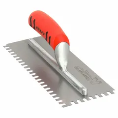 This tile trowel features a square carbon steel blade and a ProForm handle. It is used for applying and spreading tile adhesive or mortar during tile installation, suitable for professional tile setting and masonry work.