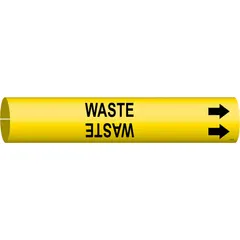 Yellow snap-on pipe marker with black 'Waste' legend and directional arrows. Fits pipe outer diameters from 1-1/2 to 2-3/8 inches. Used to identify waste lines in industrial piping systems.