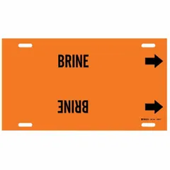Orange snap-on pipe marker with black legend 'Brine' and directional arrows. Fits pipe outer diameters from 6 to 7-7/8 inches. Used to identify pipes carrying brine in industrial facilities, aiding in content and flow direction recognition.