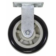This rigid caster is a replacement component for platform trucks. The 6 in diameter wheel and steel construction support loads up to 1,000 lb. Overall dimensions are 7 1/2 in length and 6 in width, with a gray finish.