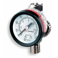 Air flow control valve with integrated air gauge for regulating and monitoring air pressure in paint spray systems. Used with DeVilbiss spray guns in industrial finishing applications.