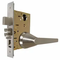This privacy lever lockset is constructed of stainless steel with a satin finish. It features a ligature-resistant SS19 lever design and is ADA compliant. The ANSI F26 function provides privacy locking for interior doors, suitable for applications where safety and accessibility are required