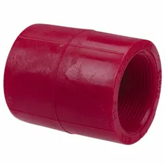 Schedule 80 pipe adapter made from polyvinylidene, with 1 in x 1 in fitting pipe size and female NPT x female connections. Red in color, meets ASTM D3222 standards. Used to connect two female NPT threaded pipes in fluid handling systems requiring UV resistance and corrosion resistance.