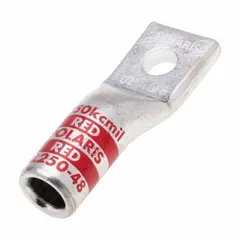 Aluminum one-hole compression lug for terminating stranded wire from 1/0 AWG to 250 kcmil. Features a 1/2 in stud size and long barrel design. Used in power distribution, panel building, and heavy equipment for secure, low-resistance connections.
