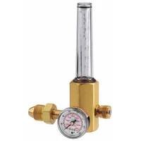 This flowmeter regulator integrates pressure regulation and flow measurement for argon gas. It features a CGA 580 inlet connection for standard argon cylinders and a 5/8"-18 female right-hand outlet. Used in welding and industrial gas systems to control and monitor gas flow