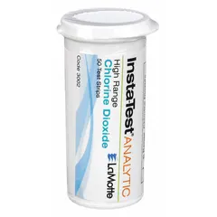 Single-parameter test strips for measuring chlorine dioxide levels from 0 to 500 ppm. Each pack contains 50 strips for on-site water analysis in applications such as water treatment and disinfection monitoring.