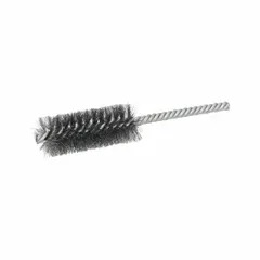 This double-stem tube brush features carbon steel bristles for heavy cleaning of carbon steel surfaces. It is used to remove scale, rust, and debris from pipes and tubes in industrial maintenance applications. Brush diameter is 1 in, fill diameter is 0.006 in, and stem diameter is 1/4 in.