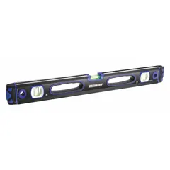 This 24-inch magnetic I-beam level features a side-read-only acrylic barrel and an aluminum frame. It is used for leveling and plumbing tasks on ferrous surfaces such as steel beams, pipes, and machinery, where its magnets enable hands-free attachment.