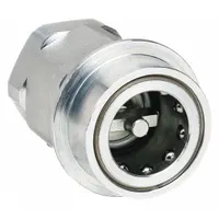 Steel-bodied hydraulic quick-connect coupling body with nitrile seal and female NPTF threads. Used for quick, leak-free connection and disconnection of hydraulic lines in industrial fluid power systems, such as mobile equipment, machine tools, and hydraulic power units