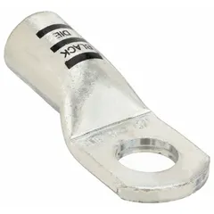 Straight crimpable side terminal lug for 1/0 gauge wire with a 1/2 inch stud size. Constructed of copper with a tin finish and black color. Supports both crimp and solder termination methods for secure electrical connections in battery power and industrial applications.