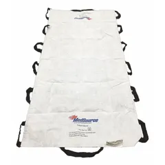 Patient transfer mat made of white non-woven material. Overall length 40 in, height 80 in. Supports patient load up to 800 lb. Used for repositioning and transferring patients in healthcare settings.