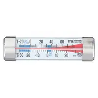 Analog thermometer for monitoring temperatures in refrigerators and freezers. Features a metal-detectable plastic case and lens, with ±2 °F accuracy. Clips or hangs inside cold storage units. NSF Certified