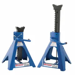 These heavy-duty jack stands are used to safely support vehicles and heavy equipment during maintenance or repair. Each pair has a 12-ton load capacity, a steel square base, and a V-notch saddle. The ratchet handle allows height adjustment up to 30 1/4 inches.