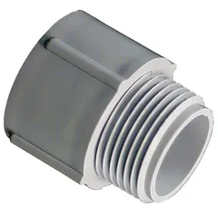 PVC male-threaded conduit adapter with 1 in trade size and 1 in thread size. Used to connect PVC conduit to threaded fittings or enclosures in electrical wiring systems. Provides a secure transition for conduit runs in industrial, commercial, and infrastructure applications.