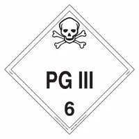 Vinyl placard for Class 6 toxic, poison inhalation, and infectious substances. Measures 10 3/4 in x 10 3/4 in with a label height of 10 3/4 in. Displays PG III. Supplied in a pack of 25. Used for identifying hazardous materials during transport or storage