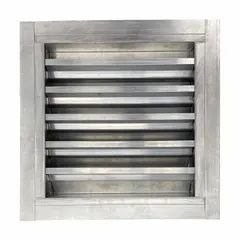 This flush-mount louver features drainable adjustable blades and is constructed of aluminum. It measures 23 1/2 inches in height and width with a 1 1/2-inch flange width. Rated for a maximum air velocity of 1,300 fpm, it is used for outdoor air intake in HVAC and ventilation systems, allowing airflow while blocking rain and debris.