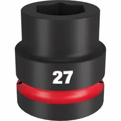This 1" drive impact socket is designed for heavy-duty fastening applications with impact wrenches. It features a 27 mm metric, 6-point configuration and a friction ring retention mechanism. The socket has a black phosphate finish and is suitable for high-torque environments in automotive, construction, and industrial maintenance.
