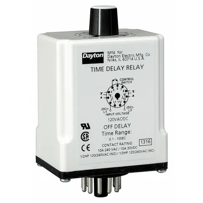 Dayton Relay Tunda Waktu Fungsi Tunggal: Dipasang di Soket, 240V AC, 10 A, 11 Pin/Terminal - Socket-Mounted Relays