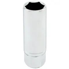 Metric spark plug socket with 16 mm size, 6-point deep design, and chrome finish. Used for removing and installing spark plugs in internal combustion engines, providing secure grip and access to recessed plugs.