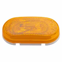 Incandescent oval clearance light with amber lens and bracket mount. Features blunt cut wires for electrical connection and SAE Lens Code P2. Commonly used on trucks, trailers, and heavy equipment for side and rear marking to indicate vehicle width and height