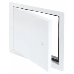 This locking access door is constructed of aluminum with a powder-coated finish. It features a piano hinge and exposed flange, designed for ceiling mounting. Suitable for providing secure access to ceiling-mounted equipment such as HVAC components, plumbing valves, or electrical junction boxes.