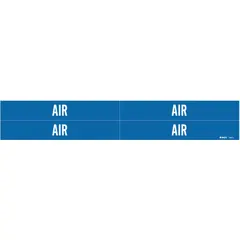 Blue adhesive pipe marker with white legend 'Air' for identifying compressed air or pneumatic piping systems. Fits pipe outer diameters from 3/4 to 2-3/8 inches. Pack of 4 markers without directional arrows. Self-adhesive backing for application on clean pipe surfaces.