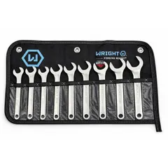This set includes nine metric single-end open-end wrenches with head sizes ranging from 19 to 38 mm. The tools feature a satin chrome finish and are stored in a wrench roll. Designed for turning fasteners in applications where space is limited.