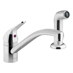 This off-centered kitchen faucet from the Jolt® series features a single-post deck mount requiring two mounting holes. It operates with one handle and delivers a flow rate of 1.5 gpm. The faucet includes a sprayer for rinsing dishes and filling pots, suitable for residential and light-commercial kitchens.