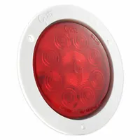 Red LED stop light with a round shape and flange mount. Overall diameter and height are 5 9/16 inches. Pigtail electrical connection. Complies with FMVSS 108. Used on trucks, trailers, and heavy equipment for brake and turn signaling
