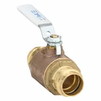 Two-piece bronze ball valve with straight pattern and press x press connections. Equipped with a lever handle for manual on/off flow control. Suitable for use in water, oil, and gas piping systems in industrial, HVAC, and plumbing applications