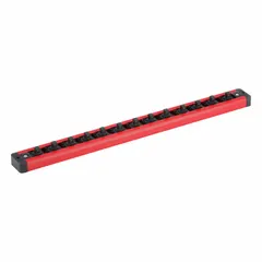 This aluminum socket rail in red organizes and stores sockets in workshops, garages, and industrial settings. With 13 posts/slots and a 14 3/4 in overall width, it accommodates standard sockets. The magnetic back allows secure attachment to metal toolboxes or workbenches, keeping sockets accessible and preventing loss during maintenance or assembly tasks.