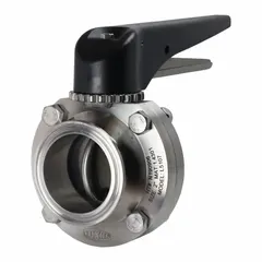 This 3-A certified butterfly valve features a 304 stainless steel body and disc with a lever handle and 24 stop positions. It has a clamp connection, FKM seals, and a maximum pressure rating of 140 psi (CWP). The average surface roughness (Ra) is ≤ 32 micron, suitable for sanitary fluid handling systems.
