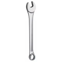 This SAE spline combination wrench features a 1/4 in head size and an offset design for improved access in confined spaces. Constructed from alloy steel with a chrome finish, it measures 4-3/4 in overall length. Suitable for tightening or loosening 1/4 in fasteners in general mechanical maintenance and repair tasks.