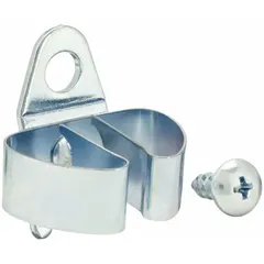 Zinc-plated steel spring clip for round-hole pegboard with 1 in hole spacing. Includes screws for surface mounting. Suitable for organizing tools and accessories in workshops, garages, and retail displays.