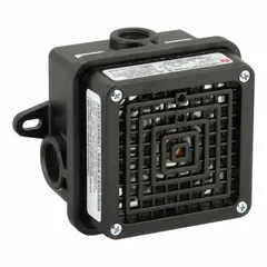 Horn alarm for hazardous locations, producing an audible alert at 120V AC. Black housing rated for indoor and outdoor use. Suitable for industrial environments requiring reliable signaling for safety and evacuation.