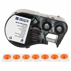 Thermal transfer precut label roll cartridge containing 1/2 inch circle labels. Made of cryogenic autoclavable nylon with black on orange printing. Designed for vial/tube sizes of 1.5 to 2.0 mL. Compatible with BMP41 printer series. Suitable for labeling laboratory vials and tubes requiring resistance to extreme cold and autoclave sterilization.