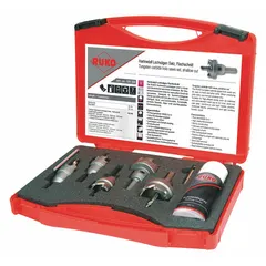 This 7-piece hole saw kit features carbide-tipped teeth with 2.5 teeth per inch and a maximum cutting depth of 10 mm. Suitable for cutting through wood, metal, plastic, and drywall in general construction, plumbing, and electrical applications.