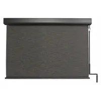 This pole-and-crank-operated sun shade features a 120-inch valence width and 90% UV protection. It includes a bungee-and-hook tie-down system for secure fastening. The fabric is Kona color with an Oil Rubbed Bronze valance. Left-side operation. Suitable for outdoor areas such as patios, decks, and workspaces