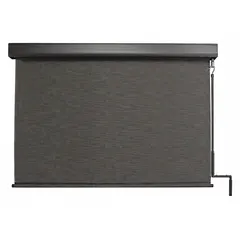 This pole-and-crank-operated sun shade features a 120-inch valence width and 90% UV protection. It includes a bungee-and-hook tie-down system for secure fastening. The fabric is Kona color with an Oil Rubbed Bronze valance. Left-side operation. Suitable for outdoor areas such as patios, decks, and workspaces.