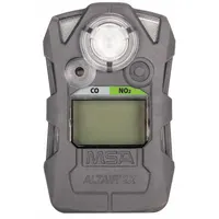 The MSA ALTAIR 2X is a rechargeable multi-gas detector with a gray housing and lithium battery chemistry. It detects carbon monoxide (CO) and nitrogen dioxide (NO2) and features an LED display. Suitable for personal safety in industrial environments such as confined spaces, refineries, chemical plants, and combustion applications