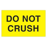 Adhesive label printed with 'Do Not Crush' message, measuring 3 by 5 inches. Sold in packs of 500. Applied to cartons and packages to indicate contents should not be crushed during handling or transit