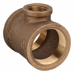 Threaded low-pressure pipe tee made from C89833 brass, Class 125, with a 1 1/2 in x 3/4 in x 1 1/2 in reducer configuration. Maximum operating pressure of 200 psi at 72 °F. Used to create branch connections in potable water systems, allowing joining of different pipe sizes.