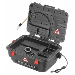 Manual benchtop parts washer with a plastic tank and 2.5 gal fluid capacity. Designed for use with water-based cleaning solutions. Operates on 120V. Suitable for cleaning small components in maintenance and light industrial settings.