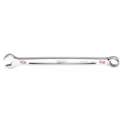 Chrome vanadium steel combination wrench with a chrome finish. Features an 11/32 in 12-point box end and open end for tightening or loosening fasteners in mechanical and industrial settings. Overall length of 5 7/8 in.