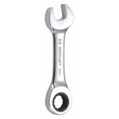 This SAE 12-point ratcheting combination wrench features a 1/2 in head size and a standard overall length of 4 1/4 in. Constructed from alloy steel with a chrome finish, the ratcheting box end enables faster fastener turning without repositioning. Suitable for tightening or loosening fasteners in automotive repair, machinery maintenance, and general assembly tasks.