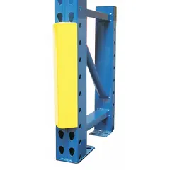 This steel post protector mounts on teardrop-style uprights to shield pallet rack columns from forklift impacts. It includes a safety clip for secure attachment. Typical for warehouse and industrial storage environments where rack protection is needed.